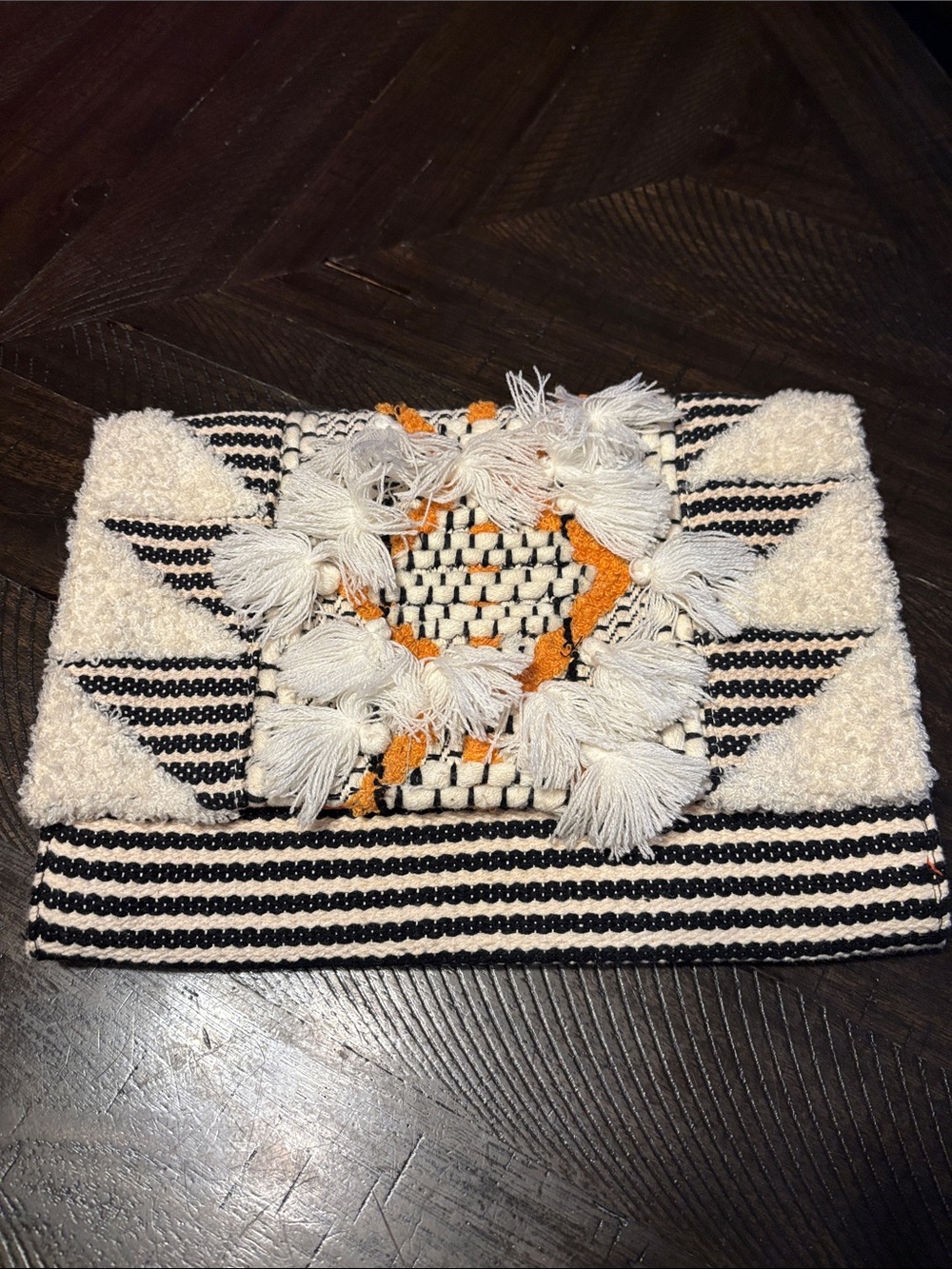 Boho Tassel Woven Clutch in Cream, Black & Orange